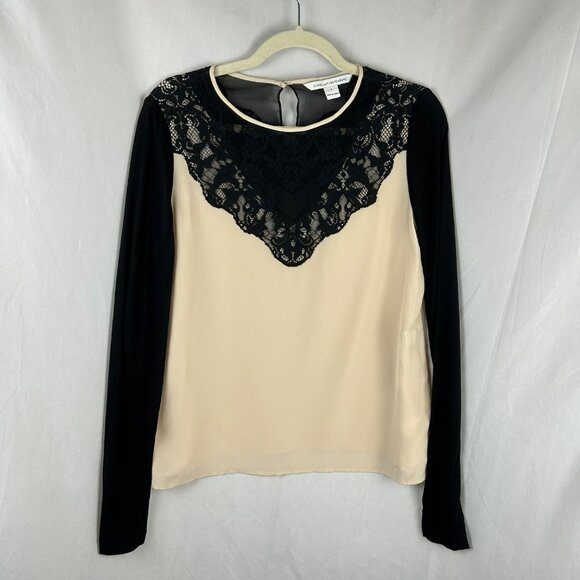 Diane Von Furstenberg DVF Nadia Blouse Women 6 Blush Nude Pink Black Lace Silk - Picture 2 of 8